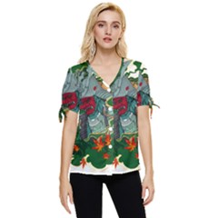 Armor Japan Maple Leaves Samurai Mask Cut Bow Sleeve Button Up Top