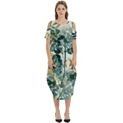 Vintage Retro Flowers Leaves Foliage Plants Cold Shoulder Loose Fit Dress With Pockets