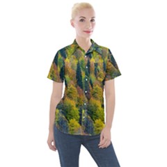 Forest Trees Leaves Fall Autumn Nature Sunshine Women s Short Sleeve Pocket Shirt