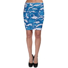 Storm Waves Seamless Pattern Raging Ocean Water Sea Wave Vintage Japanese Storms Print Illustration Bodycon Skirt