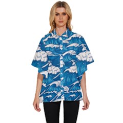 Storm Waves Seamless Pattern Raging Ocean Water Sea Wave Vintage Japanese Storms Print Illustration Women s Batwing Button Up Shirt