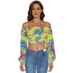 Fractal Spiral Abstract Background Vortex Yellow Long Sleeve Crinkled Weave Crop Top
