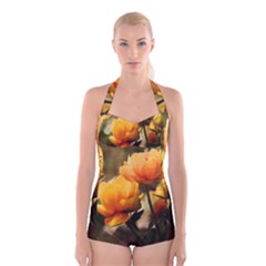 Yellow Butterfly Flower Boyleg Halter Swimsuit 