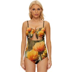 Yellow Butterfly Flower Knot Front One-piece Swimsuit