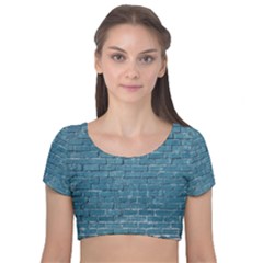 White And Blue Brick Wall Velvet Short Sleeve Crop Top 