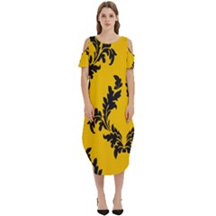Yellow Regal Filagree Pattern Cold Shoulder Loose Fit Dress With Pockets