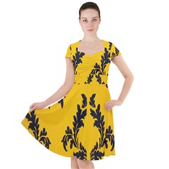 Yellow Regal Filagree Pattern Cap Sleeve Midi Dress With Pockets