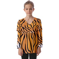 Tiger Skin Pattern Kids  V Neck Casual Top