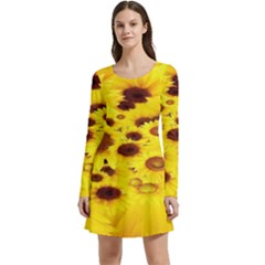 Beautiful Sunflowers Long Sleeve Velour Skater Dress