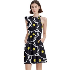 Cat Pattern Pet Drawing Eyes Cocktail Party Halter Sleeveless Dress With Pockets