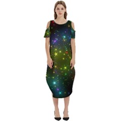 Stars Coloured Lights Background Cold Shoulder Loose Fit Dress With Pockets