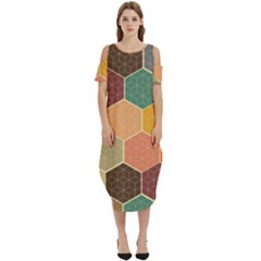 Hexagonal Pattern Vector Cold Shoulder Loose Fit Dress With Pockets