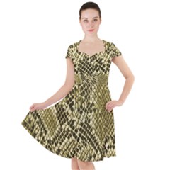 Yellow Snake Skin Pattern Cap Sleeve Midi Dress With Pockets