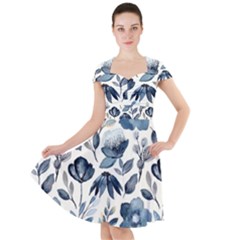 Indigo Watercolor Floral Seamless-pattern Cap Sleeve Midi Dress With Pockets