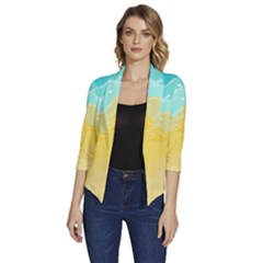 Abstract Background Beach Coast Women s Draped Front 3/4 Sleeve Shawl Collar Jacket