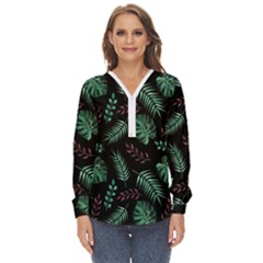 Tropical Leaves Pattern Zip Up Long Sleeve Blouse