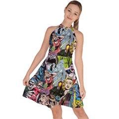 Vintage Horror Collage Pattern Sleeveless Halter Neck A-line Dress
