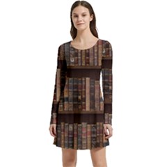Old Bookshelf Orderly Antique Books Long Sleeve Velour Skater Dress
