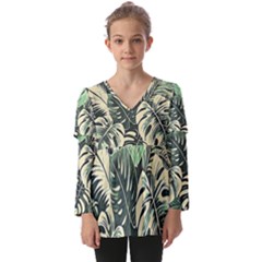 Abstract Art Tropical Leaves Kids  V Neck Casual Top