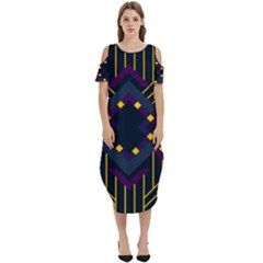 Line Square Pattern Violet Blue Yellow Design Cold Shoulder Loose Fit Dress With Pockets