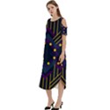 Line Square Pattern Violet Blue Yellow Design Cold Shoulder Loose Fit Dress With Pockets View2