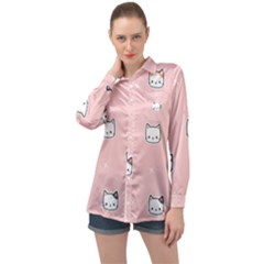 Cute Cat Cartoon Doodle Seamless Pink Pattern Long Sleeve Satin Shirt