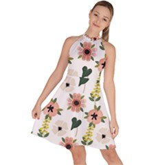 Flower White Pattern Floral Sleeveless Halter Neck A-line Dress
