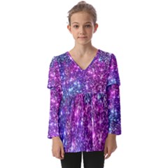 Purple Violet Glitter Galaxy Nebula Space Pattern Kids  V Neck Casual Top