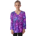 Purple Violet Glitter Galaxy Nebula Space Pattern Kids  V Neck Casual Top View1