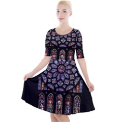 Chartres Cathedral Notre Dame De Paris Stained Glass Quarter Sleeve A-line Dress With Pockets