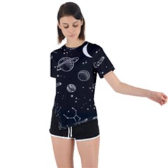 Black Space Drawing Art Planet Drawing Stars Black Space Galaxy Outer Space Asymmetrical Short Sleeve Sports T-shirt