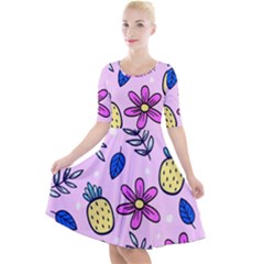 Flowers Petals Pineapples Fruit Quarter Sleeve A-line Dress With Pockets