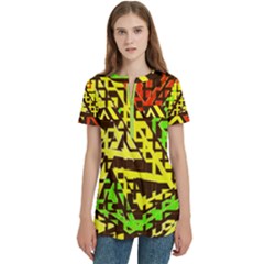 5676 Ericksays Women s Zip Front V-neck Short Sleeve Casual Top Pocket Shirt