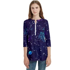 Realistic Night Sky Poster With Constellations Women s Zip Front V-neck 3/4 Sleeve Casual Top Pocket Shirt