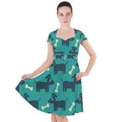 Happy Dogs Animals Pattern Cap Sleeve Midi Dress With Pockets
