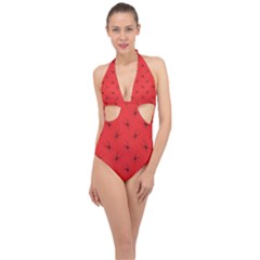 Spiders Pattern Seamless Arachnids Halter Front Plunge Swimsuit