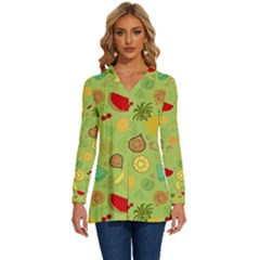 Art Fruits Pattern Long Sleeve Drawstring Hooded Top