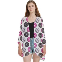 Pattern Seamless Design Decorative Open Front 3/4 Sleeve Batwing Chiffon Cardigan Kimono