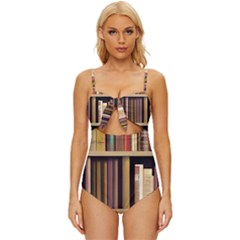 Books Bookshelves Office Fantasy Background Artwork Book Cover Apothecary Book Nook Literature Libra Knot Front One-piece Swimsuit