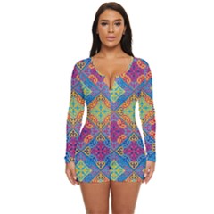 Colorful Flora Flora Kazakh Pattern Long Sleeve Boyleg Swimsuit