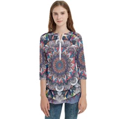Pattern Nature Women s Zip Front V-neck 3/4 Sleeve Casual Top Pocket Shirt
