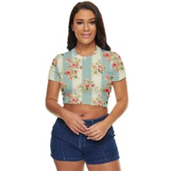 Stripes, Rose,  Texture, Flower, Paper Side Button Cropped T-shirt