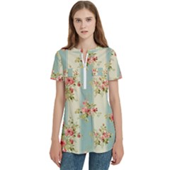 Stripes, Rose,  Texture, Flower, Paper Women s Zip Front V-neck Short Sleeve Casual Top Pocket Shirt