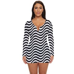 Black White Wave Pattern Wavy Water Seamless Long Sleeve Boyleg Swimsuit