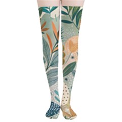 Leaves Pattern Flora Nature Thigh High Stockings