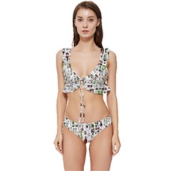 Bottle Chic Print Patterns Low Cut Ruffle Edge Bikini Set