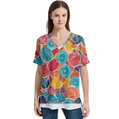 Floral And Leaves Pattern V-neck Split Shoulder Casual T-shirt