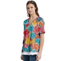 floral and leaves pattern V-Neck Split Shoulder Casual T-Shirt View2