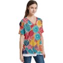floral and leaves pattern V-Neck Split Shoulder Casual T-Shirt View3