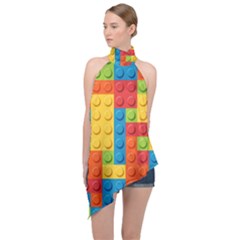 Lego Bricks, Colorful Dots Background Halter Asymmetric Satin Top